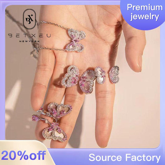 194【B194【 ETXEU】 New Red Powder Butterfly Ring S925 Silver Plated Gold Elegant High-end Flexible Opening Ring